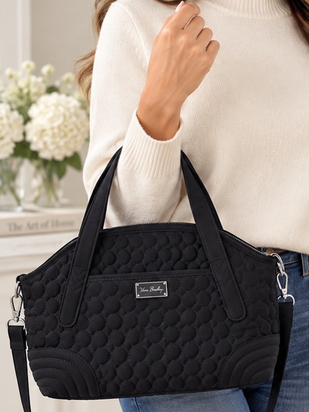 Vera Bradley Black Quilted Microfiber Satchel Crossbody Shoulder Bag